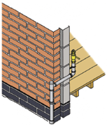 Diagram showing grey pipe running vertically and then through an external wall